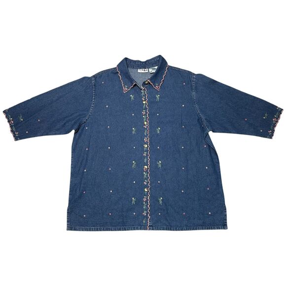 NWT Vintage VJ Women Plus Size Floral Embroidered Denim Scallop Button Up, 1X - Picture 1 of 7
